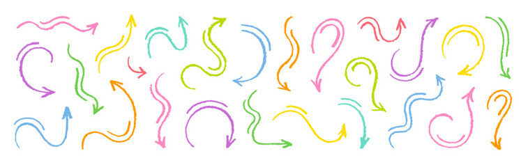 Aufkleber - Arrow pencil. Color crayon hand drawn line arrow. Vector pastel pencil brush crayon marker chalk element. Doodle texture sketch curve. Kid cute icon set. Fun scribble abstract shape bg. Hand drawn art