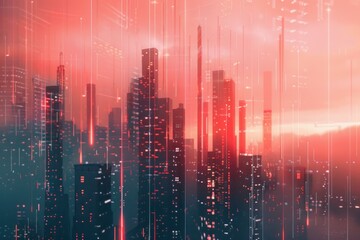Poster - Data streams falling onto a futuristic cityscape at sunset, creating a mesmerizing blend of technology and urban life