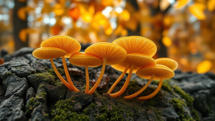 Wall Mural - small orange mushrooms growing together on a mossy tree trunk with a blurred autumn forest backgroun