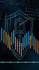 Poster - Animation of graphs and digital padlock over black background with lights
