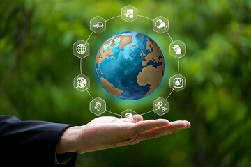 Fototapete - A person s open hand presents a glowing digital globe surrounded by interconnected icons representing global business and technology in a natural green environment