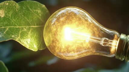Poster - A single light bulb on a wooden table or floor surrounded by a green leafy background, suitable for use in home decor, nature-inspired designs, or environmental themes