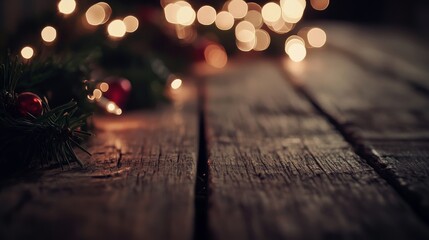 Poster - Cozy rustic holiday scene with warm bokeh lights, festive garland, and textured wooden tabletop creating inviting seasonal ambiance