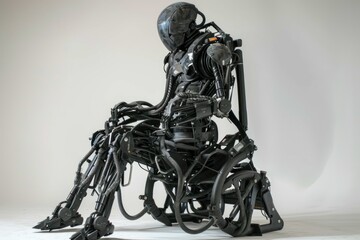 Poster - Robot exoskeleton sitting on a chair, showcasing advanced technology and futuristic design