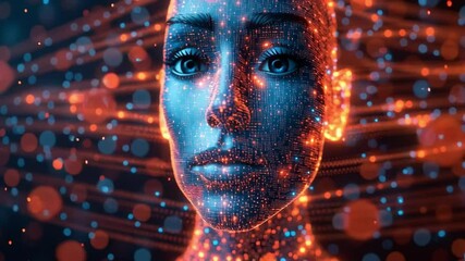 Poster - Digital Serenity: An ethereal fusion of technology and humanity is depicted in a close-up portrait of a woman's face, interwoven with glowing digital patterns and dots.