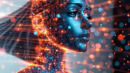 Poster - Digital Mind: A digital artwork shows a futuristic woman with data streams, representing the convergence of technology and human intellect. Reflecting the intricate connections of the digital world.