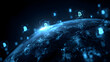 © Anas - Bitcoin symbols floating above a digital earth globe in a dark blue virtual environment space