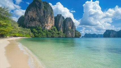Wall Mural - A sunny day at the beach with a distant mountain range in the background