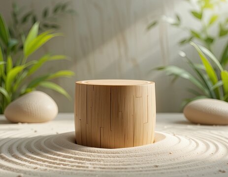Wooden bamboo podium with zen sand circles and natural sunlight in Japanese minimalist interior, 3D rendering peaceful display stage for eco product presentation in relaxing organic environment