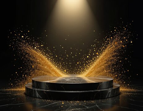 Black marble podium with golden glitter explosion under spotlight in dark luxury scene, 3D rendering elegant dramatic product display stage for premium presentation, celebration or glamorous showcase