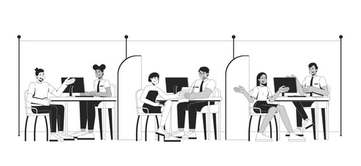 Fototapete - Bank officers assisting customers at consultation desks outline illustration. Financial advice. Banking staff client meetings 2D line characters isolated on white. Monochrome vector ink linear image