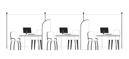Poster - Empty modern office workstations with dividers outline illustration. Bank interior cubicles. Organized desks with chairs, computers 2D line scene isolated on white. Monochrome vector ink linear image