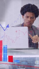 Poster - Animation of numbers and data processing over diverse couple using laptop in shop