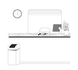 Poster - Empty bank counter with money tray outline illustration. Teller station. Cashier interior setup. Professional banking service desk 2D line scene isolated on white. Monochrome vector ink linear image