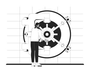 Fototapete - Banking employee turning handle to open bank vault door outline illustration. Black man with access to protected financial assets 2D line character isolated on white. Monochrome vector linear image