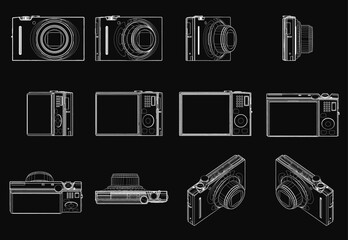 Poster - Various digital cameras displayed on a sleek black background, featuring detailed blueprints highlighting their intricate designs. The collection includes DSLR, mirrorless.