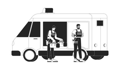 Fototapete - Cash in transit vehicle armored guards transport money outline illustration. Two security personnel unload bags from bank truck 2D line characters isolated on white. Monochrome vector ink linear image