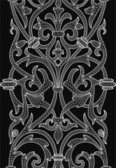 Poster - Ornate black and white lace pattern with intricate decorative details on a dark background. The free printable design features elaborate swirls, floral motifs, and delicate linework.