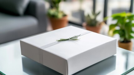 Poster - Minimalist white gift box with elegant label and green ribbon on glass table surrounded by indoor plants in sunlit room