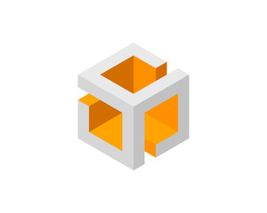 Poster - Abstract isometric cube design.  Modern, minimalist style with grey and orange color scheme.  Perfect for technology, architecture, or corporate branding.