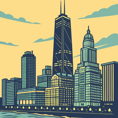 Poster - The skyline of a city is painted in bright, high-resolution colors.
