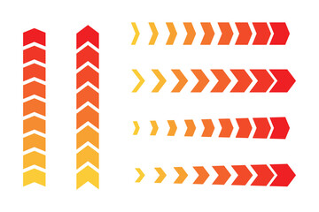 Wall Mural - A collection of simple, futuristic abstract red-yellow arrows is isolated on a transparent background. These graphic elements are suitable for interfaces or designs. Vector illustration