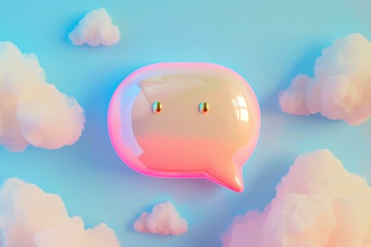 Glossy speech bubble floats amidst pastel clouds, representing online chat, social media, and modern communication