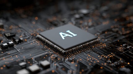 Fototapete - Futuristic microchip with embedded AI core glowing on detailed circuit board under cool neon lighting, perfect for artificial intelligence, next-generation computing, and advanced technology content