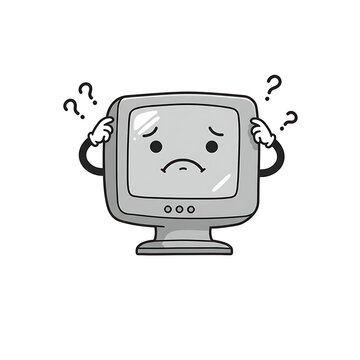 Cartoon computer with arms and question marks, looking confused and puzzled.