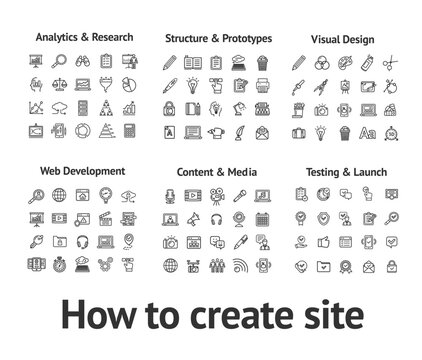 How to Create Site Sign Black Thin Line Icon Set Include of Analytics, Research, Structure and Prototype. Vector illustration of Icons