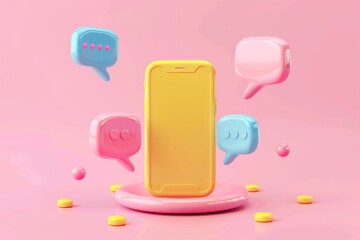 Poster - Yellow smartphone exchanging messages with colorful speech bubbles floating around it on a pink background, concept of online communication