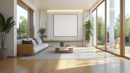 Poster - Bright and Spacious Living Room with Blank Poster for Creative Interior Design and Style Ideas
