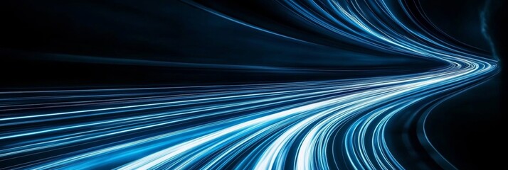 Aufkleber - Abstract Neon Blue Light Streaks on Black Background Evoking Modern Technology and Communication