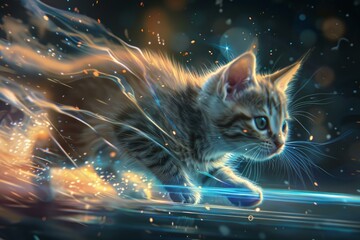 Poster - Adorable kitten running at super speed, leaving light trails and sparks, in a futuristic, vibrant world