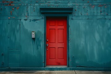 Poster - Red door standing out against a teal wall, adding a pop of color to an urban setting