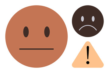 Poster - Neutral and sad face emotions alongside a triangular warning sign with an exclamation mark. Ideal for communication, mood, caution, mental health, emotion, messages, and awareness. Simple flat
