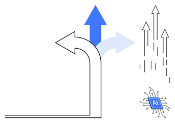 Poster - Bold arrows changing direction and moving upward representing growth and decision-making, with AI chip detailing technology influence. Ideal for strategy, innovation, AI, leadership, analytics