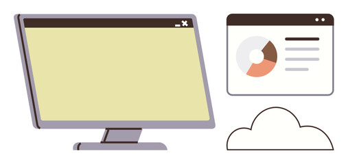 Poster - Desktop monitor, data dashboard with pie chart, and cloud outline suggesting data sharing, analytics, and cloud technology. Ideal for innovation, teamwork, computing technology workflow. Simple flat
