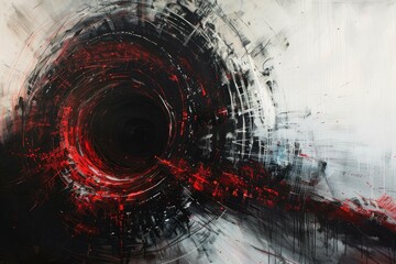 Poster - Abstract painting featuring dynamic swirls of red and black merging with a white background, creating a sense of depth and movement