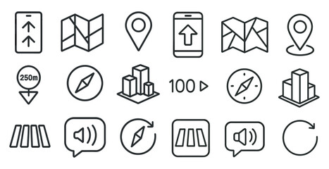 Fototapete - Set of icons for navigation and maps. The icons include a compass, a map, a phone, and a crosswalk
