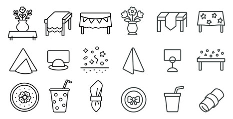Fototapete - Set of icons for various items related to a party or gathering. The icons include a vase, a table, a chair, a cup, a plate, a bowl, a napkin, a hat, a book, a cupcake