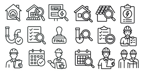 Fototapete - Set of icons for a construction project. The icons include a magnifying glass, a calendar, a clipboard, and a man wearing a hard hat. The icons convey the idea of a construction project
