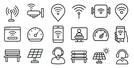 Fototapete - Collection of icons for various devices and services, including a speedometer, a cell phone, a computer, a tablet, a smart watch, a smart speaker, a smart TV, a smart home, a smart car, a smart city