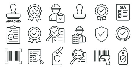 Fototapete - Set of icons for a company logo. The icons include a star, a magnifying glass, a person wearing a hard hat, a certificate, and a barcode