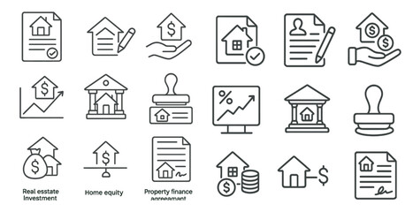 Fototapete - Set of icons for real estate, home equity, property finance, and real estate investment. The icons include a house, a bank, a pen, and a stack of money