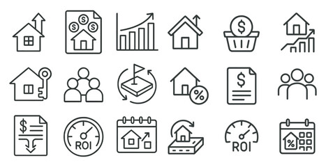 Fototapete - Set of icons for real estate, including a house, a key, a calculator, a clock, a house with a flag, a house with a sign, a house with a paper, a house with a person, a house with a person