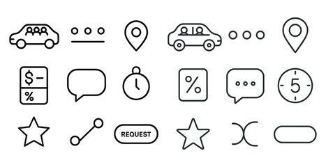 Fototapete - Set of icons for a car app. The icons include a car, a clock, a star, a dollar sign, a heart, a smiley face, a car with people in it, a car with a person in it