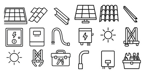 Fototapete - Collection of symbols and icons related to solar energy and construction. Scene is one of progress and innovation, as these symbols represent the tools