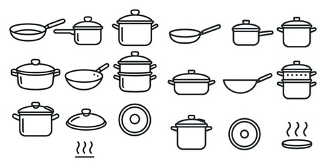 Set of pots and pans are shown in a line. The pots and pans are of various sizes and shapes