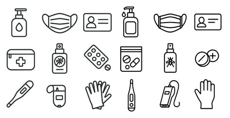 Fototapete - Collection of medical supplies and items. The items include a bottle of hand sanitizer, a bottle of hand lotion, a bottle of hand soap, a bottle of cough syrup, a bottle of pills